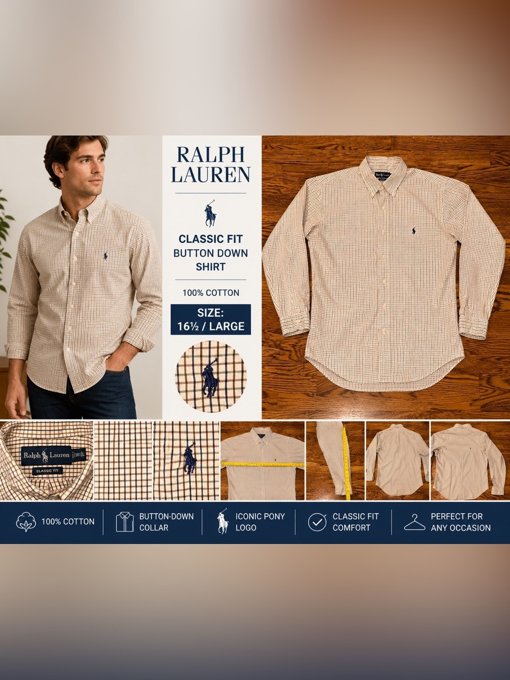 Ralph Lauren Classic Fit Button Down Shirt Men’s 16.5 L Blue Tan Check Cotton